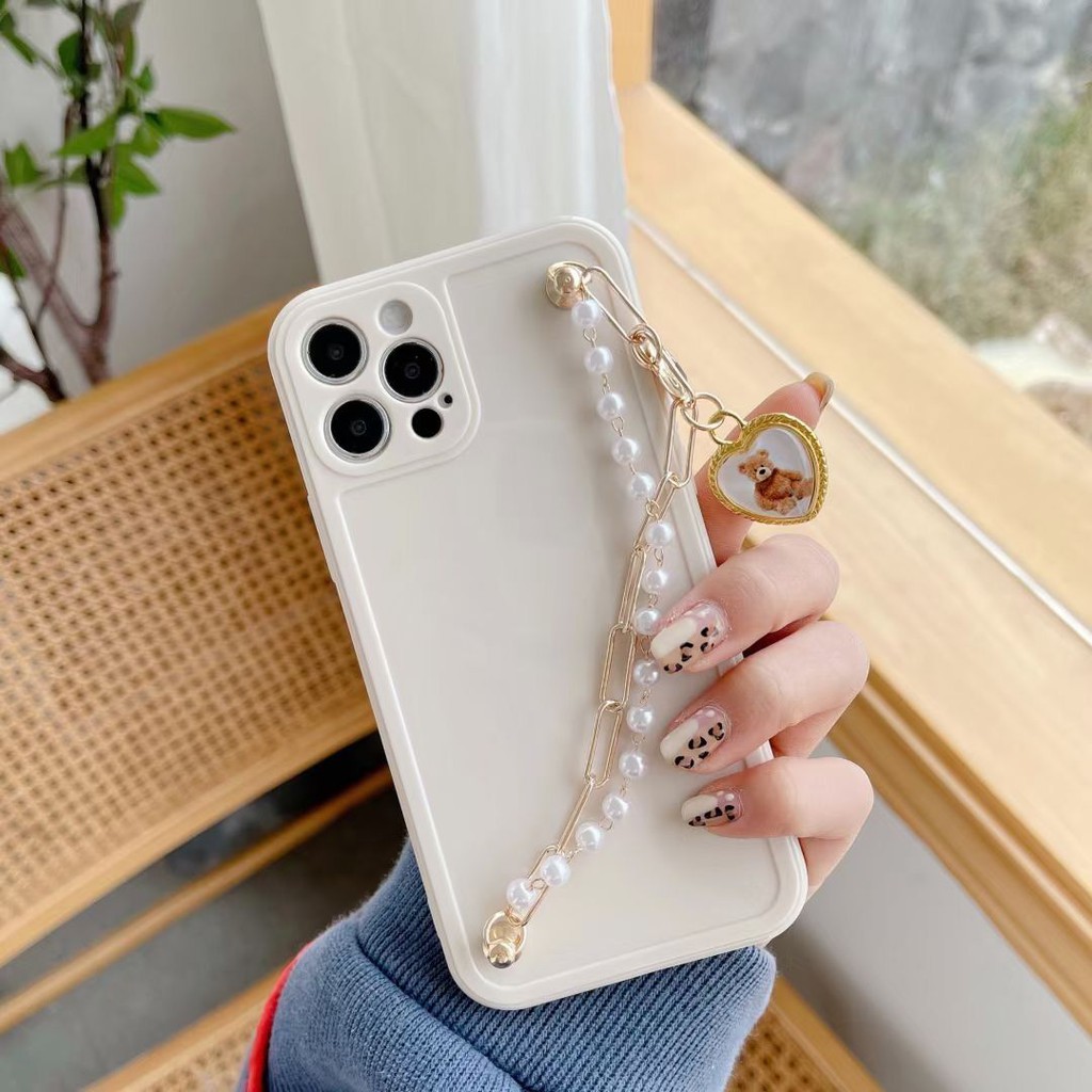 Ốp Điện Thoại Màu Be/Hồng Đính Ngọc Trai Có Dây Đeo Hình Gấu Dễ Thương Cho Iphone 12 X 11PRO MAX 12 PRO MAX