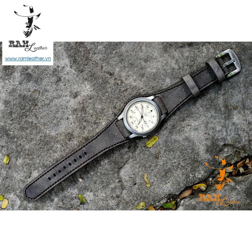 Dây Đồng Hồ Da Bò Ram Bundstrap Bx1939 Da Bò Xám Than Lục Quân Đức - RAM