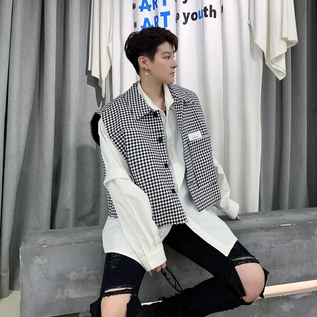 Áo Khoác Sát Nách Kẻ Sọc Caro Trẻ Trung Thời Trang Phong Cách Hàn Quốc Cho Nam