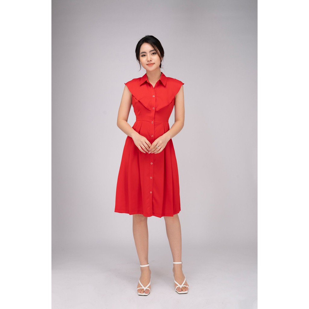 Đầm nữ cổ sơ mi vạt vai cách điệu,  xếp ly phối cúc trước, thiết kế cao cấp TKFASHION DK903