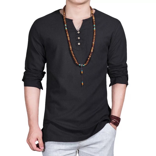 Áo Đũi Nam Dài Tay Cổ Y Vải Đũi Cotton Mộc Thoáng Mát ADCY