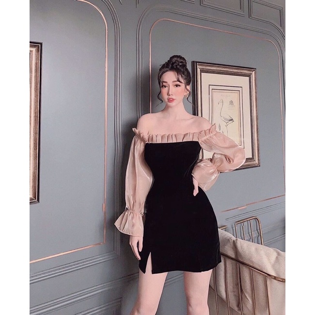 ĐẦM XÒE NHUNG ĐEN PHA TAY VOAN KIẾNG QUYẾN RŨ SANG ĐẸP