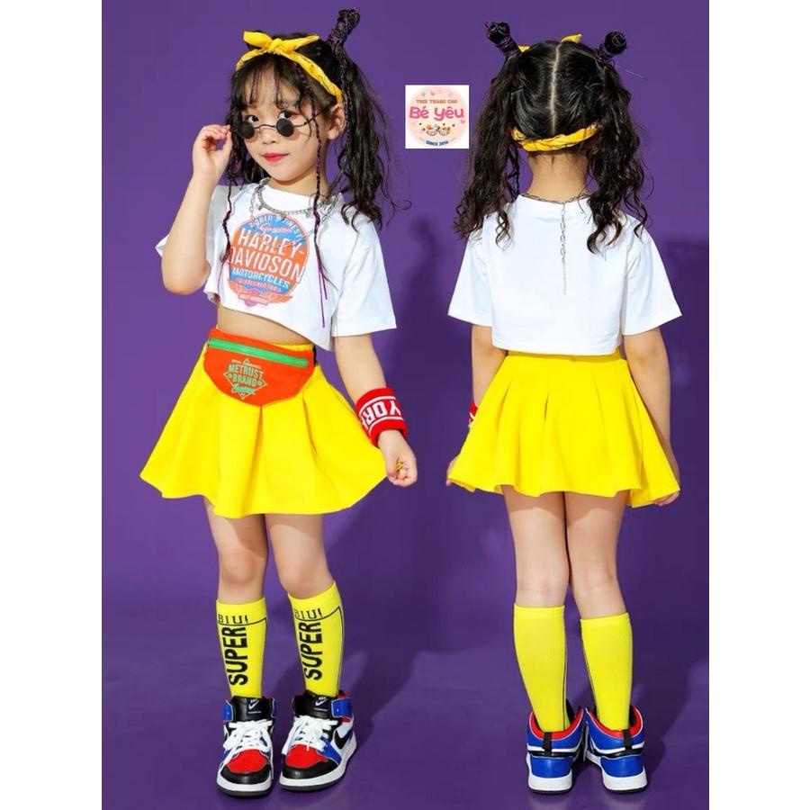 Set váy bé gái áo croptop chân váy liền chip bé học nhảy thun cotton cao cấp, thấm hút tốt bé 10kg đến 37kg