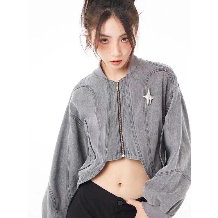 Áo Khoác Denim Dáng Rộng Ngắn Viền Cong Màu Trơn Phối Khóa Kéo Trẻ Trung Cho Nữ