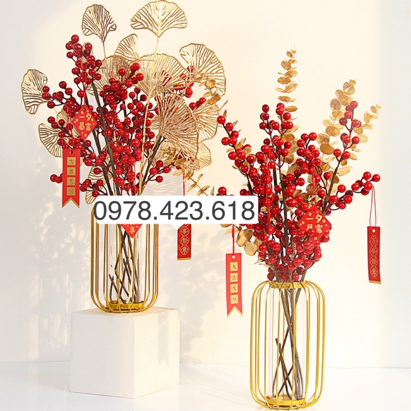 Cành Đào Đông cao cấp - cành lá rẻ quạt, tai chuột phủ vàng mix đào đông sang trọng trang trí Tết