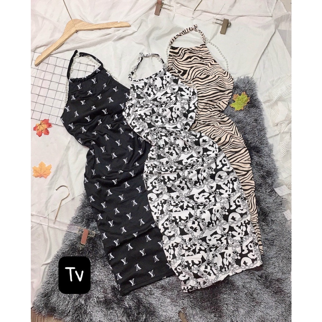 Đầm yếm họa tiết hót hit phối dây hạt ngọc siêu xinh sexy tôn dáng xinh ảnh thật hot đủ mau free size