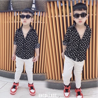 Áo sơ mi dài tay hoạ tiết LV cho bé trai 8-25kg