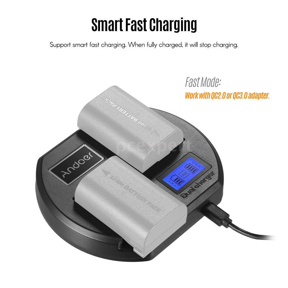 PCER◆ Andoer Fast Charger Dual-channel Camera Battery Charger Digital LCD Display USB Input for Cano