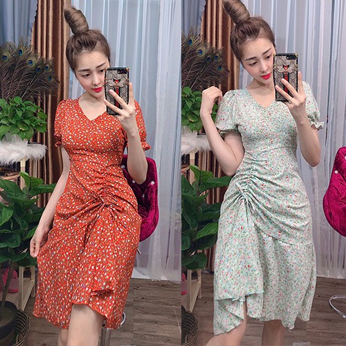 Váy hoa nhí đẹp dễ thương dự tiệc cỏ V tay phồng, đầm hoa nhí dự tiệc có tôn dáng có dây rút 1 bên D092- Anquachi | BigBuy360 - bigbuy360.vn