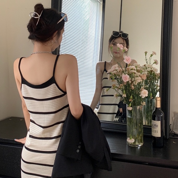 Đầm dệt kim NZN dáng rộng kẻ sọc phong cách Pháp xinh xắn cho nữ