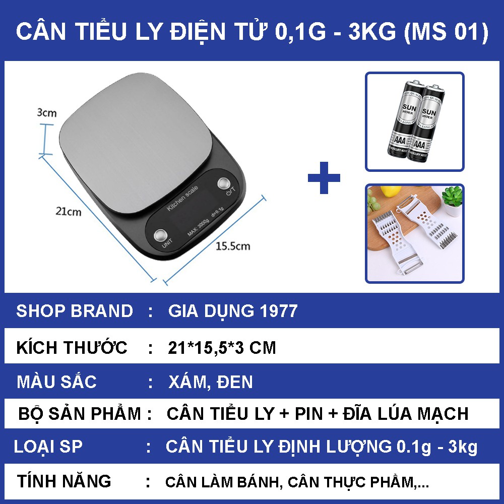 Cân tiểu ly điện tử nhà bếp mini định lượng 1g - 5kg, Cân tiểu ly làm bánh độ chính xác cao kèm 2 viên pin AAA