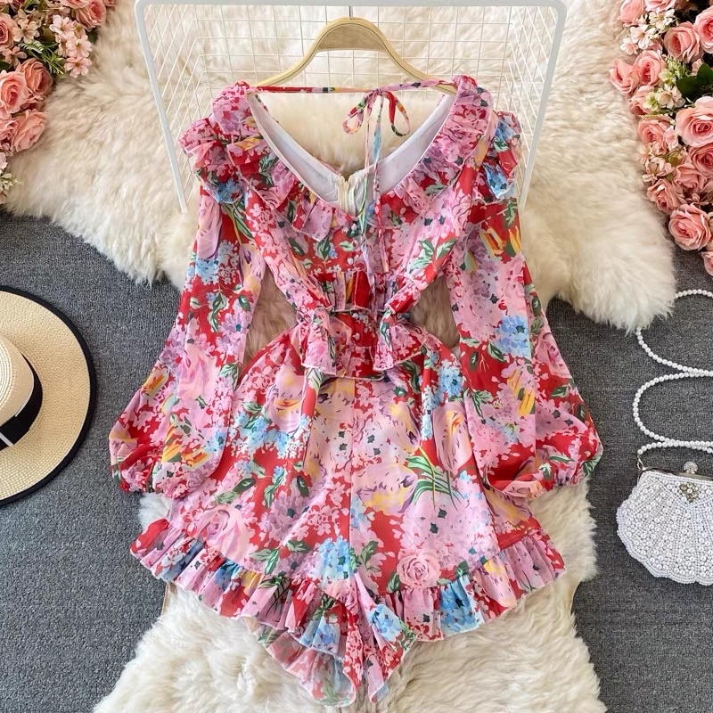 jumpsuit voan hoa tay dài