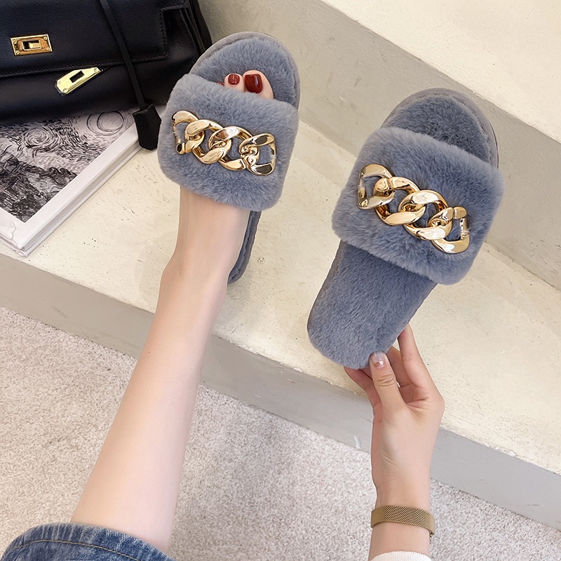 Dép Nữ Bông Đi Trong Nhà Đế Bằng Quai Xích Thời Trang Thu Đông Cho