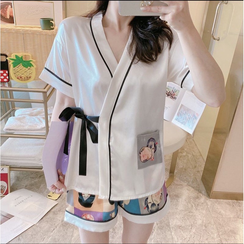 Bộ ngủ cộc nữ KIMONO chất liệu vải lụa CAO CẤP siêu mát cho mùa hè Có hàng Big size XXL, XL,L,M,S