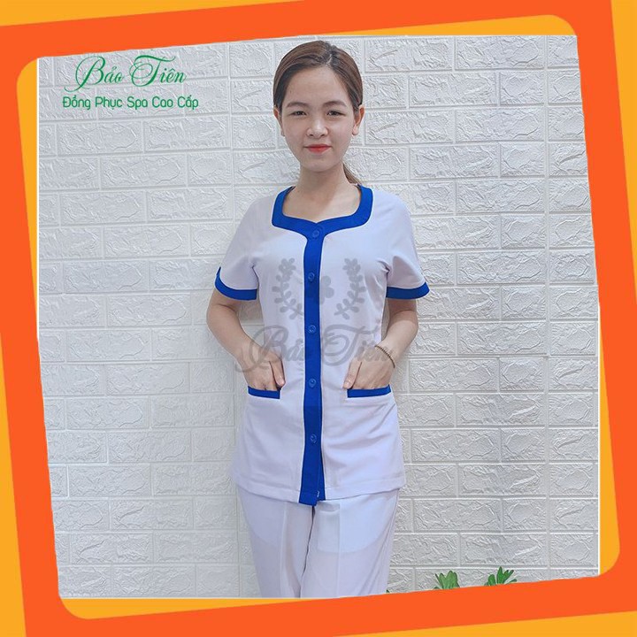 Bộ Đồng Phục Spa - Thẩm Mỹ Cao Cấp Màu Trắng Viền Xanh Dương