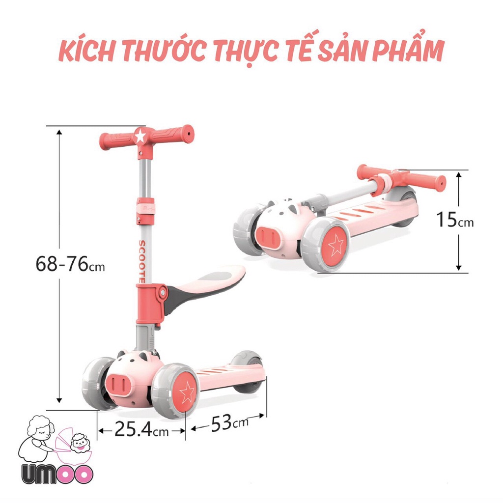 Xe trượt Scooter HEO cho bé Umoo UM - 0277 2in1 có đèn phát sáng, vừa là xe scooter vừa là xe chòi chân hanghieuchobe