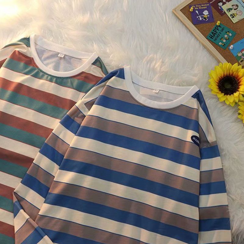 Áo thun tay dài cổ tròn dáng rộng họa tiết kẻ sọc thời trang Hàn Quốc trẻ trung dành cho nam