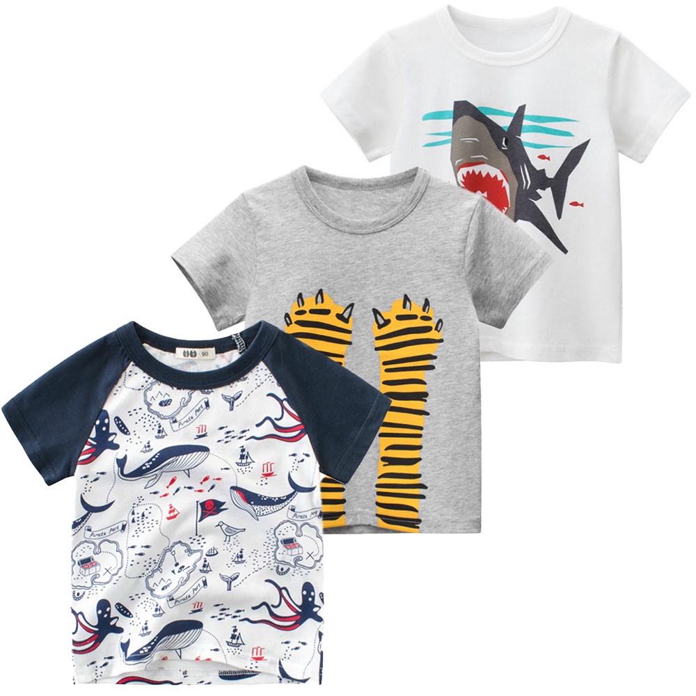 Áo Thun Cotton Tay Ngắn In Cá Mập Hoạt Hình Thời Trang Mùa Hè 3 Màu Dành Cho Trẻ Em