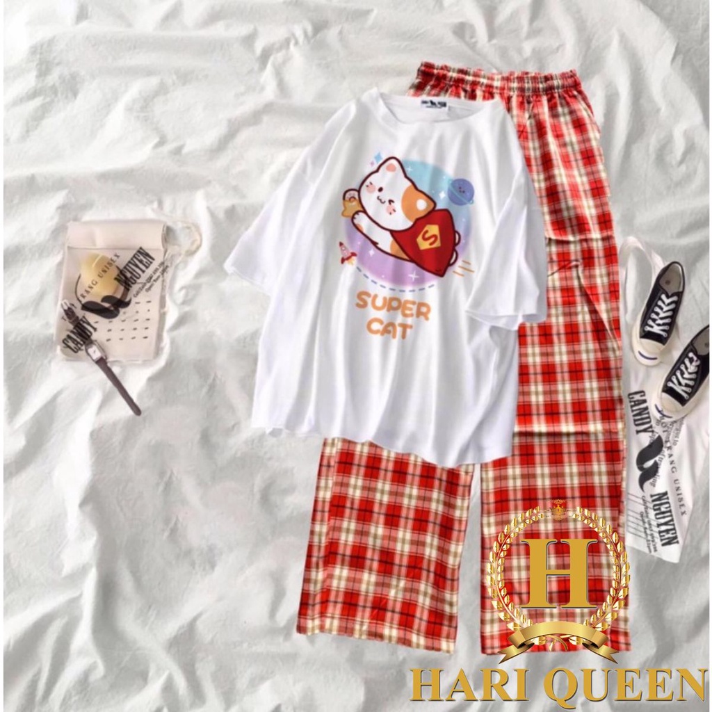 Sét áo phông Super Cat + quần kẻ đỏ HARIQUEEN