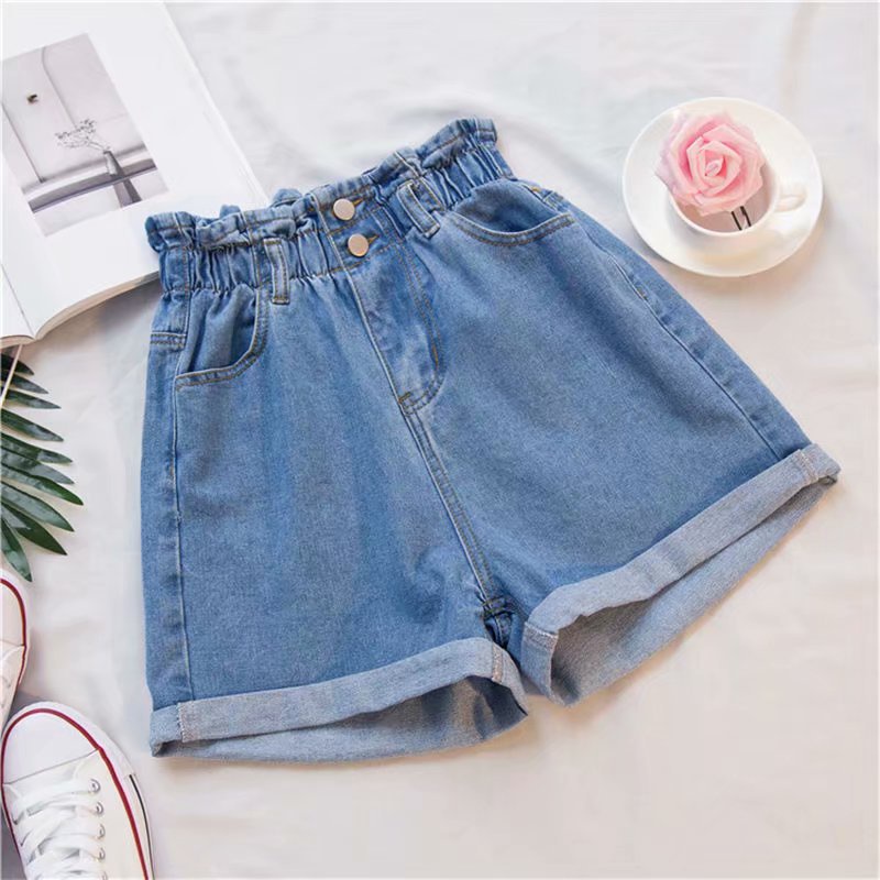 Quần Short Jean Lưng Cao Co Giãn Phối Bèo Màu Đen/Trắng Size Lớn 5XL Thời Trang Mùa Hè Cho Nữ