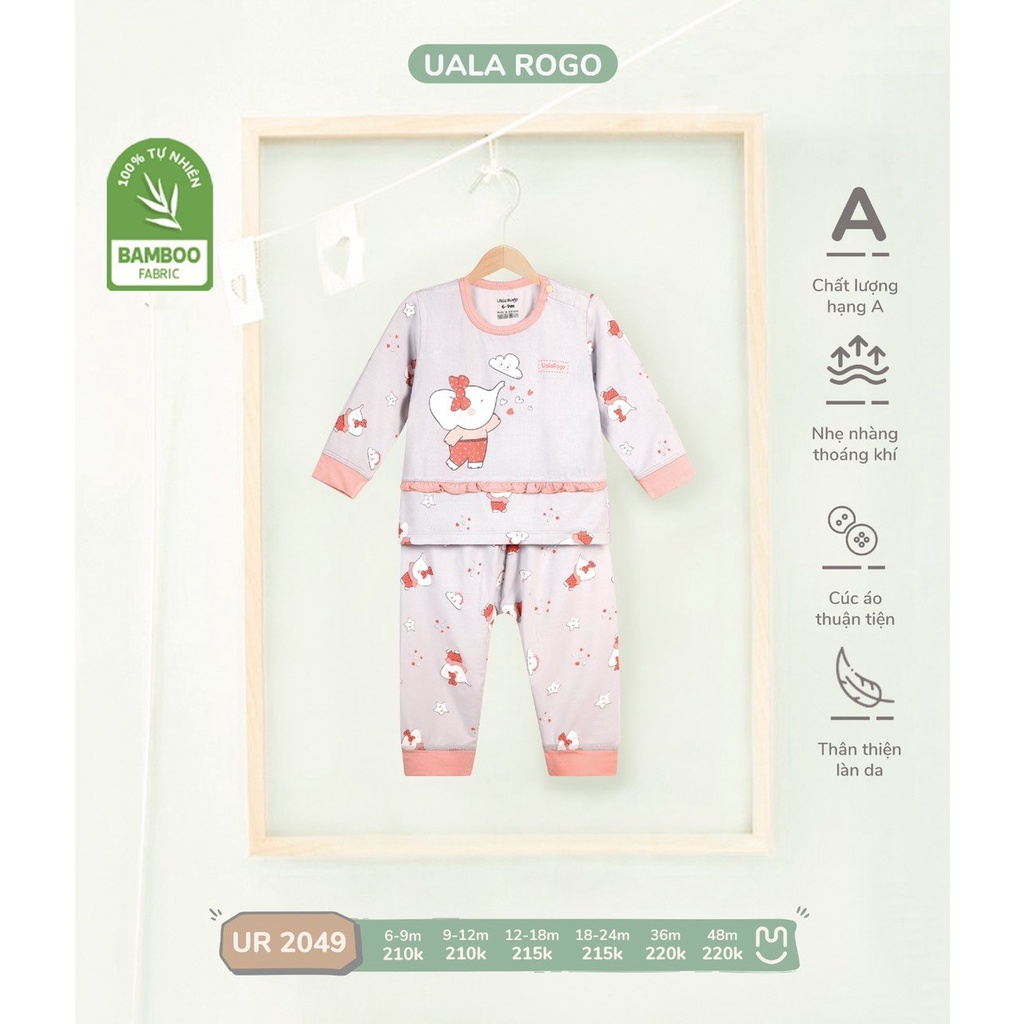 Bộ QA dài tay UalaRogo bamboo hình voi con đáng yêu cho bé 6 tháng - 48 tháng