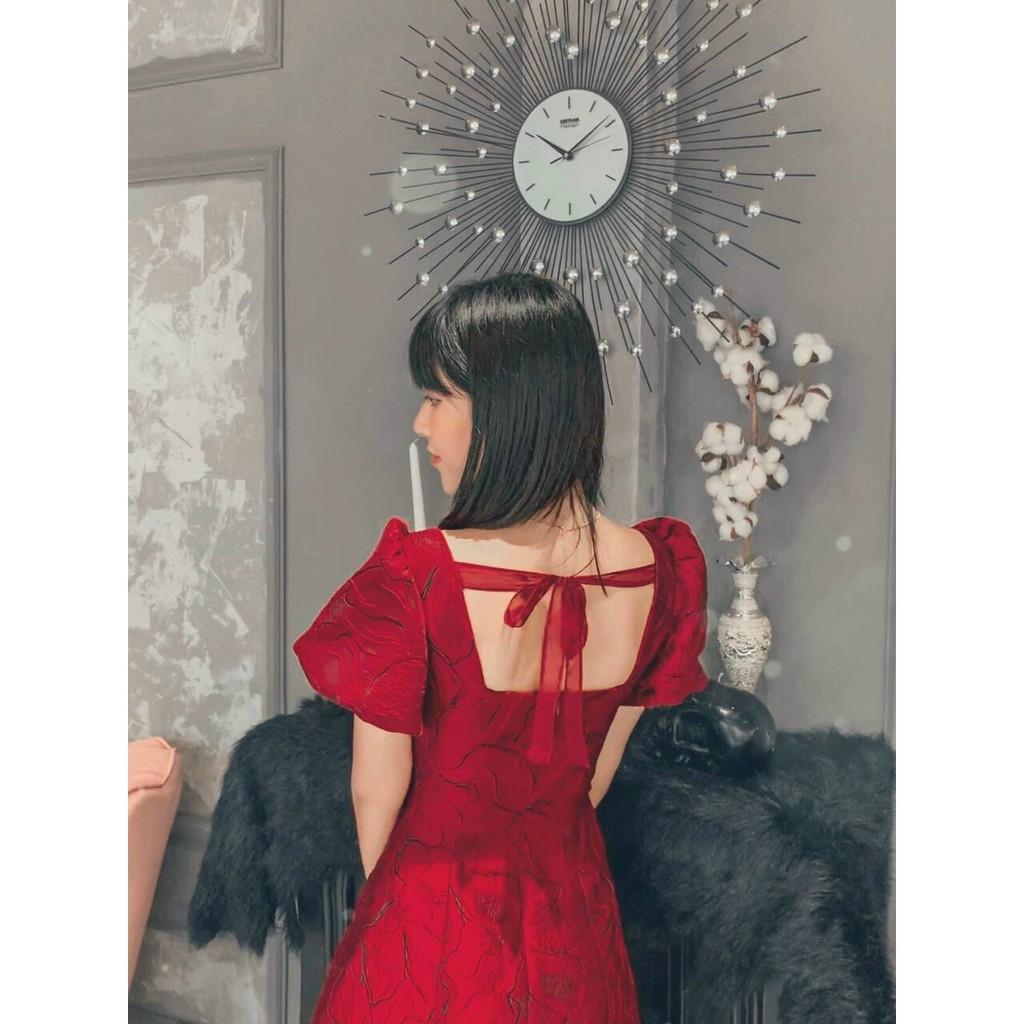 Đầm Gấm Đỏ ⚡️FREESHIP⚡️ Cổ Vuông Dáng Xòe Nơ Lưng | BigBuy360 - bigbuy360.vn