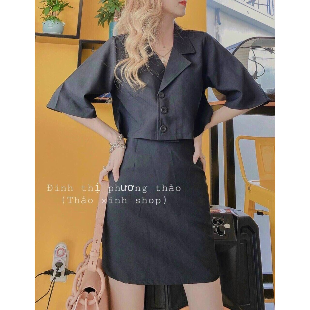Sét bộ đi chơi nữ, áo cổ vest kèm chân váy