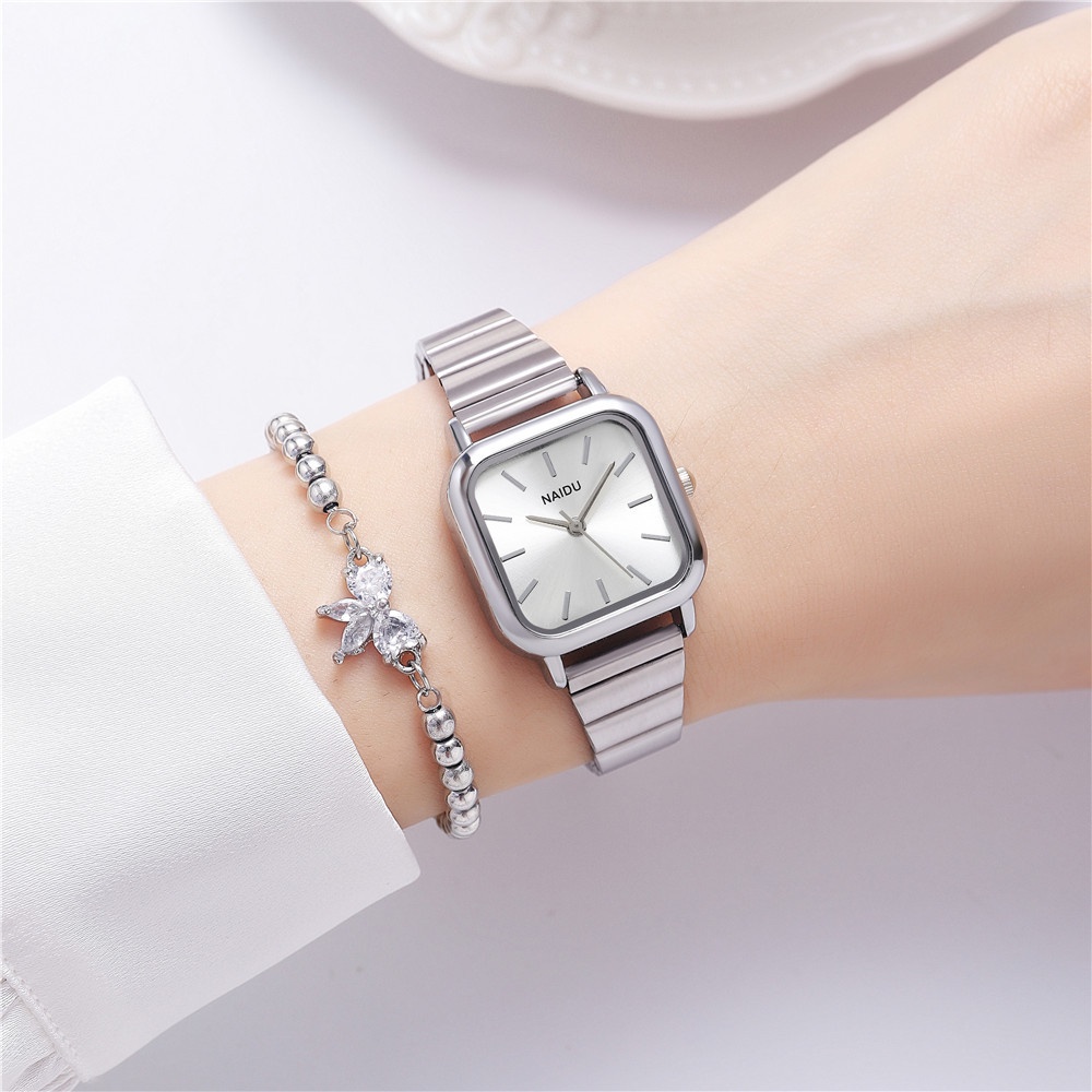 Đồng Hồ Quartz Mặt Vuông Với Dây Đeo Thép Mạ Bạc Thời Trang