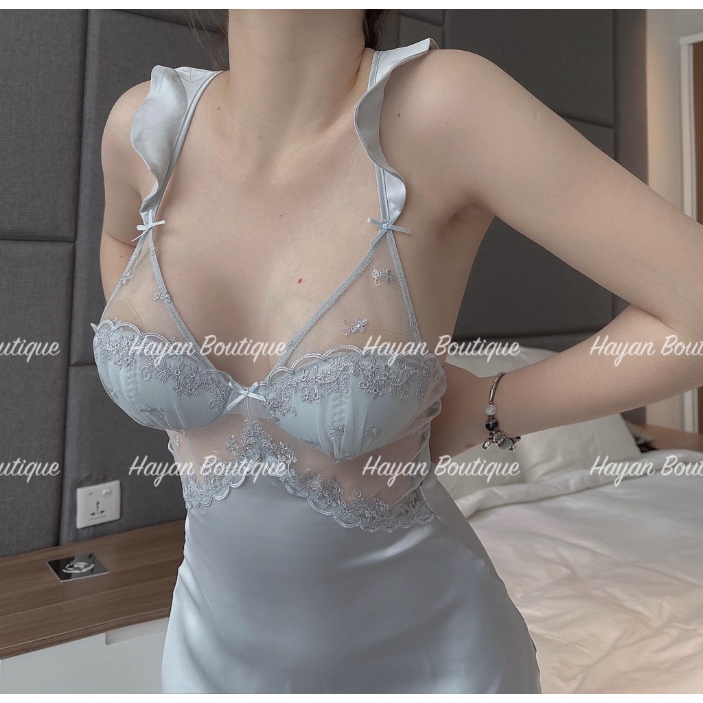 HT140 Váy ngủ sexy ngực vỏ sò gợi cảm kèm ĐỆM LÓT, váy ngủ lụa phối ren mềm mại HT140
