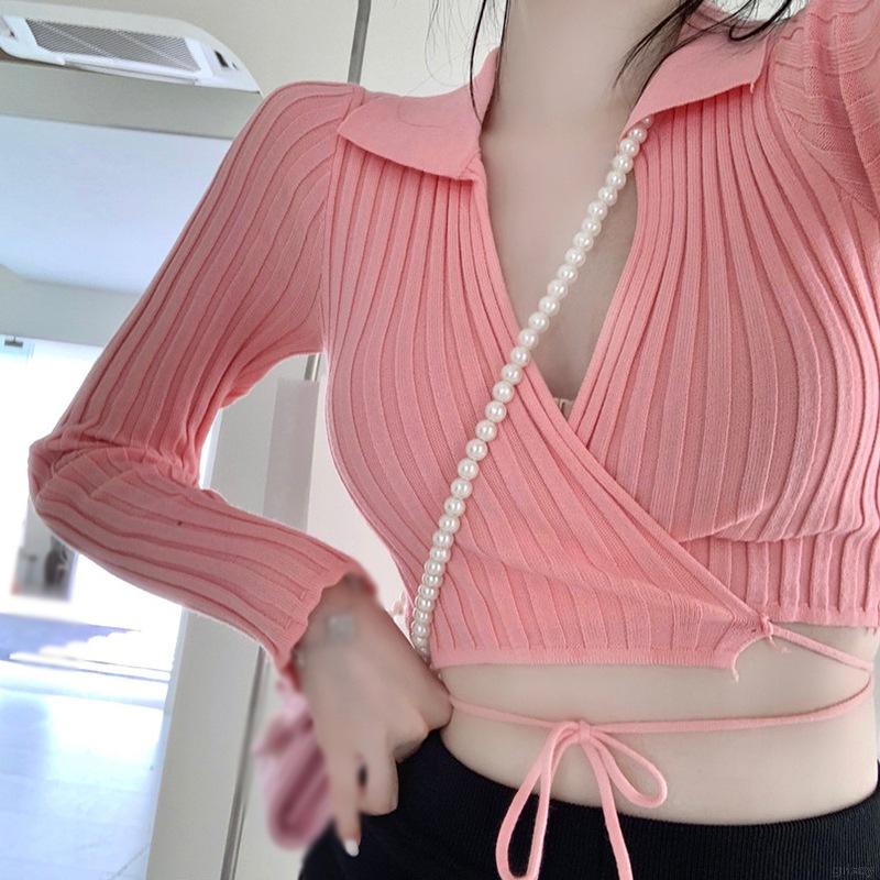 Áo croptop dệt kim tay dài cổ chữ V màu trơn phong cách Hàn Quốc cho nữ