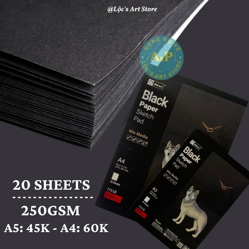 [Lộc's Art Store] Sổ Vẽ Phác Thảo Giấy Đen Gáy Dán ZEN ART - Black Paper Sketch Pad ZEN ART (Các Size)