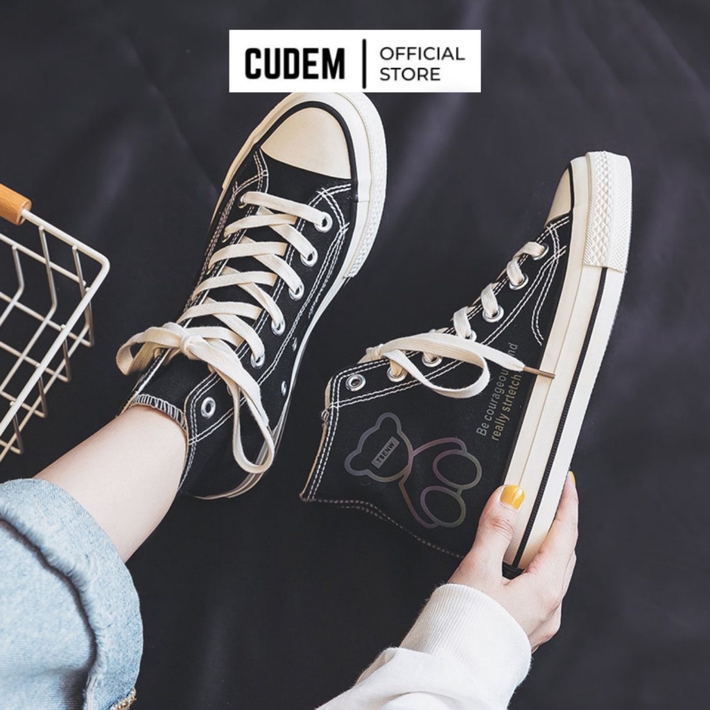 Giày cv cổ cao 1970s phản quang khi chiếu sáng hình gấu kèm 2 hộp, giày thể thao bata vải canvas chất lượng cao