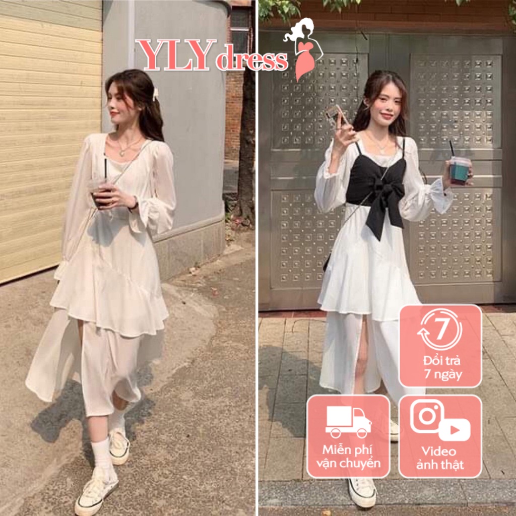 Set váy tầng trắng mix áo yếm hai dây ullzang - Set váy ullzang 2 lớp voan thô mát mix áo yếm đen bắt trend C259 | BigBuy360 - bigbuy360.vn