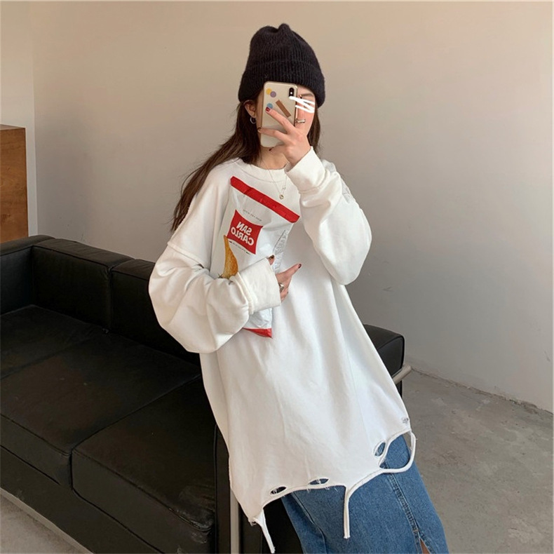 Áo Hoodie Cotton Kiểu Rách Cá Tính Trẻ Trung Cho Nữ Kiểu Hàn Quốc