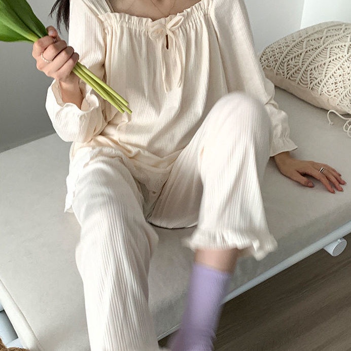 Bộ đồ ngủ tay dài phối ren dáng rộng phong cách hàn quốc thời trang mùa thu cho nữ | BigBuy360 - bigbuy360.vn