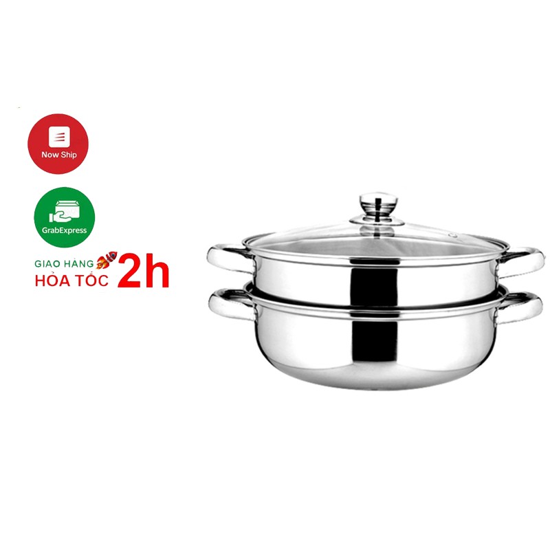 Bộ Nồi Hấp 2 Tầng phi 28 vung kính Tặng 2 thìa
