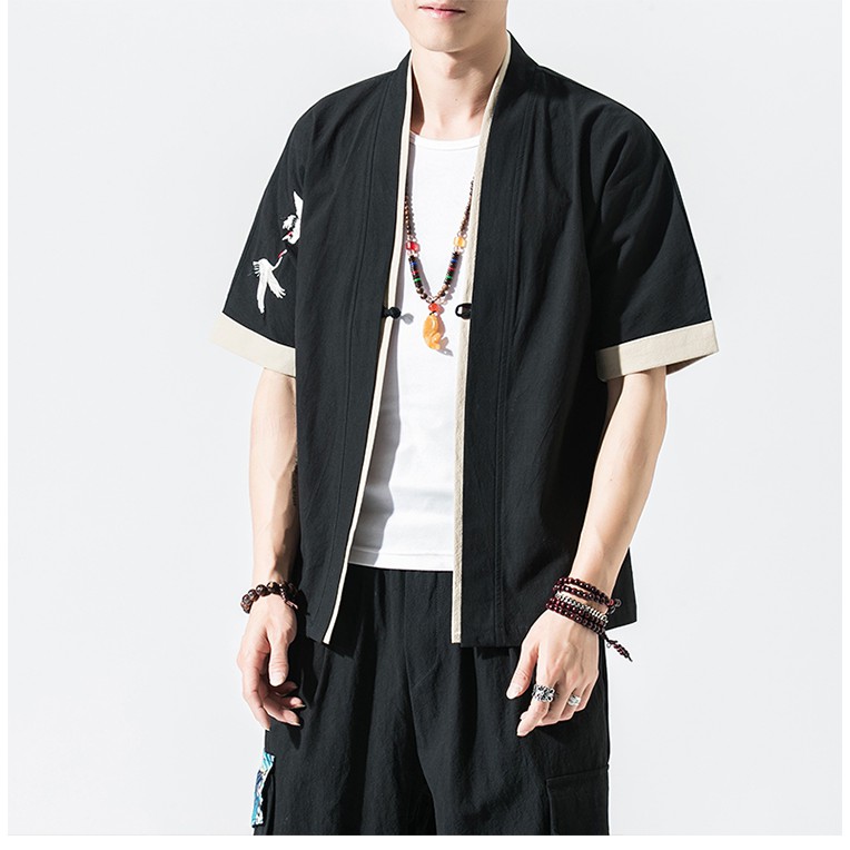 Áo Khoác Thô Đũi Nam Phong Cách Nhật Thêu Hạc Trên Vai | BigBuy360 - bigbuy360.vn