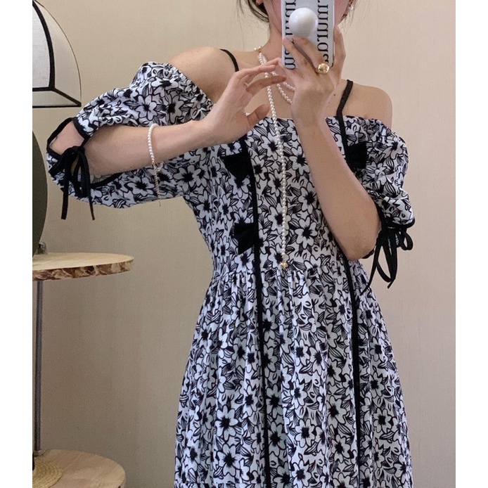 (SALE 40%) Váy 2 dây tay phồng che khuyết điểm - Đầm mặc 2 kiểu cổ vuông  hoặc bẹt vai xinh xắn thanh lịch