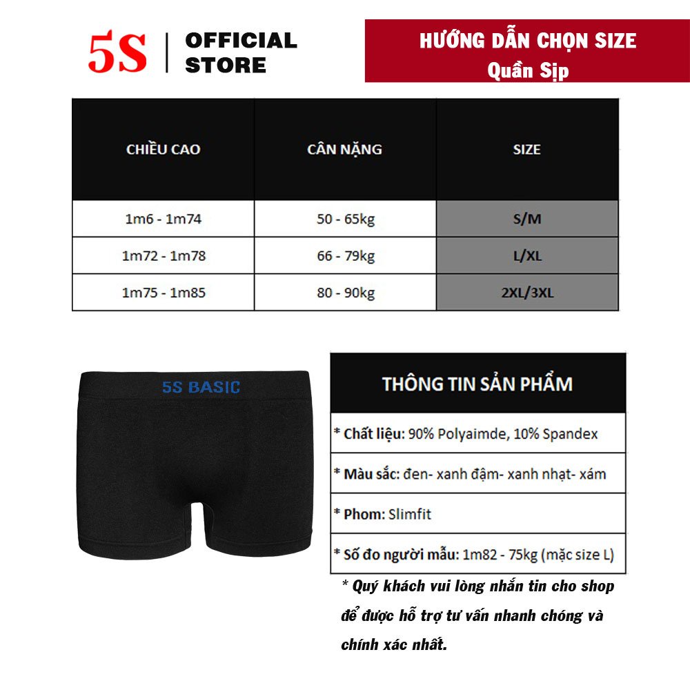 Quần Lót Nam Boxer 5S (4 màu), Cạp Dệt Không Đường May, Thấm Hút, Co Giãn, Kháng Khuẩn Cực Tốt (SIP21010BOX-02).