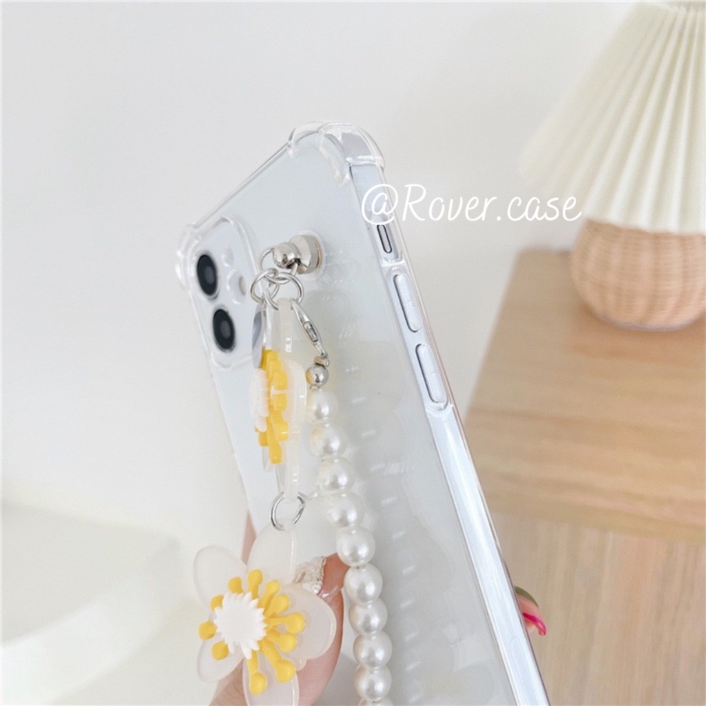 Ốp điện thoại trong suốt có 2 dây treo hoa vàng và ngọc có thể tháo rời 13/7/7plus/8/8plus/x/xs/11/12/pro/max/promax