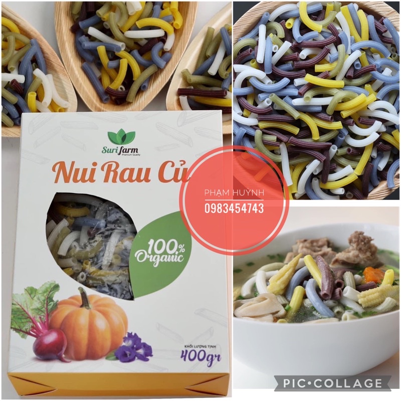 Nui rau củ hữu cơ Surifarm (nui thẳng dùng để xào) chiết xuất tự nhiên từ củ dền, đậu biếc, bí đỏ hộp 400gr