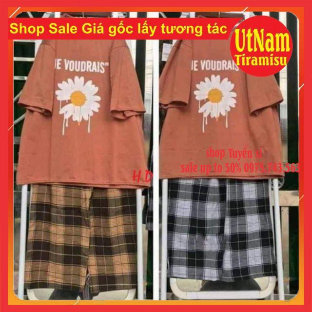 Sét áo hoa cúc chảy rãi + quần kẻ C♥️FREESIZE Phom rộng tay lỡ unisex♥️ phong cách hàn quốc giá rẻ