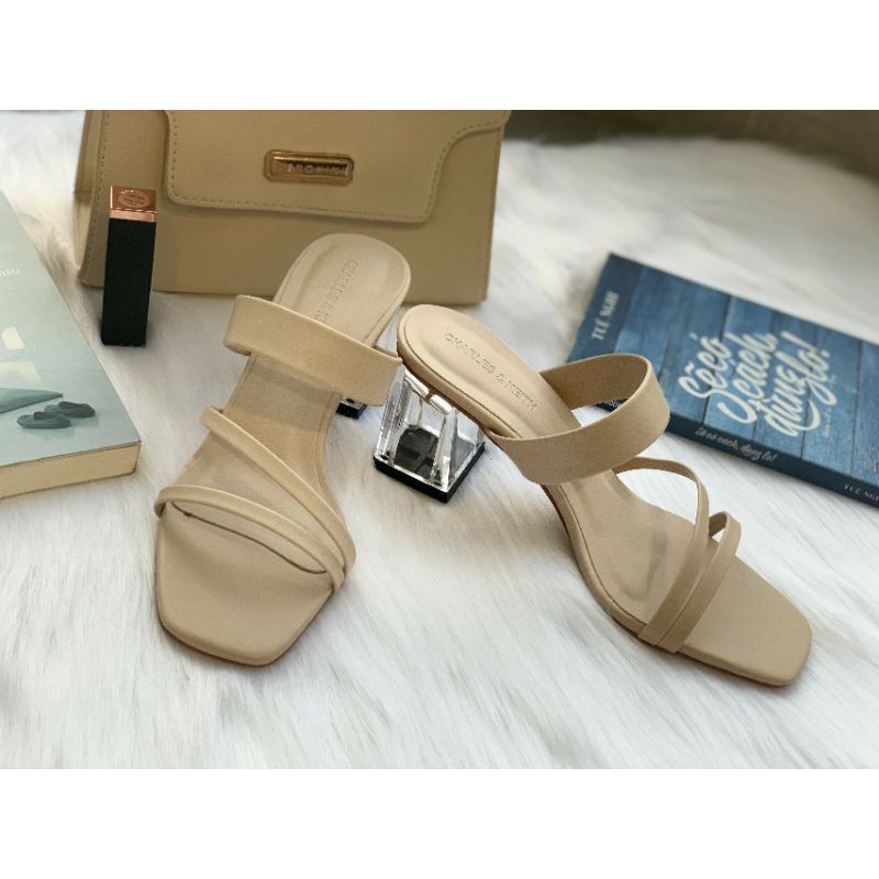 Dép cao gót nữ 7p quai ngang,  dép nữ thời trang gót vuông trong mica bền đẹp, kiểu dáng thanh lịch