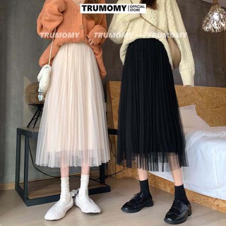 Chân váy xếp ly xòe dáng A dài Quảng Châu 3 lớp, cạp thun, dài qua gối -  Trumomy