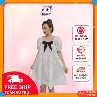 Đầm babydoll ulzzang, đầm cổ vuông tay phồng màu trắng kèm nơ TIK TOK STORE