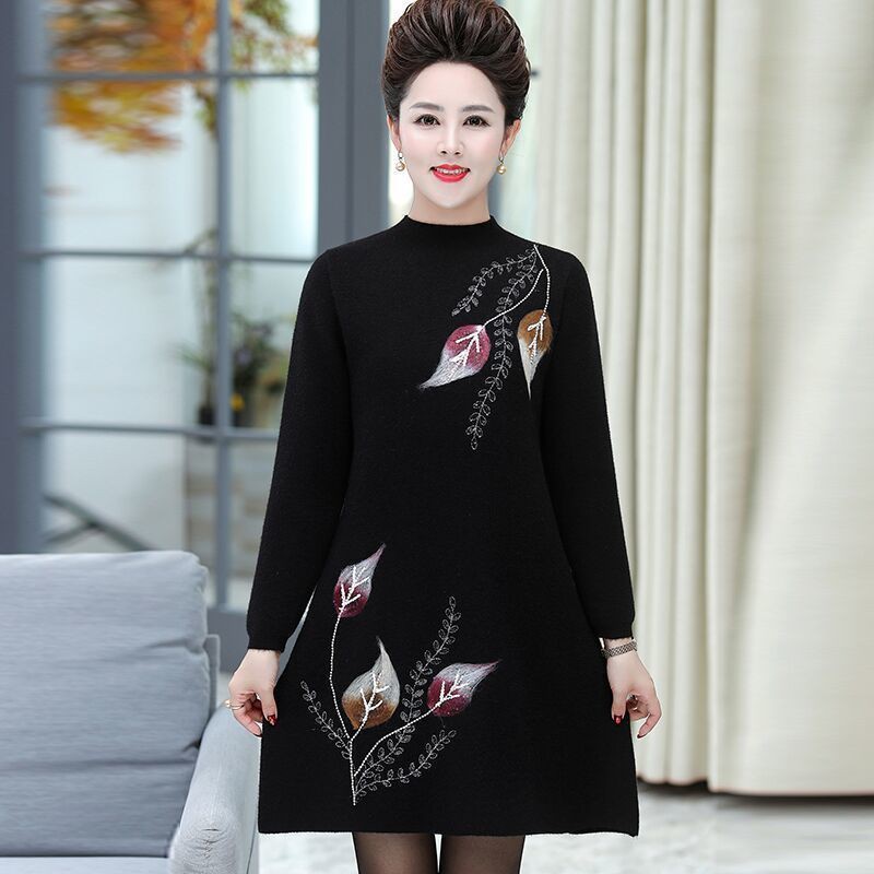 Váy của mẹ cho mùa thu / mùa đông váy in dày mới cho người trung niên và người lớn tuổi