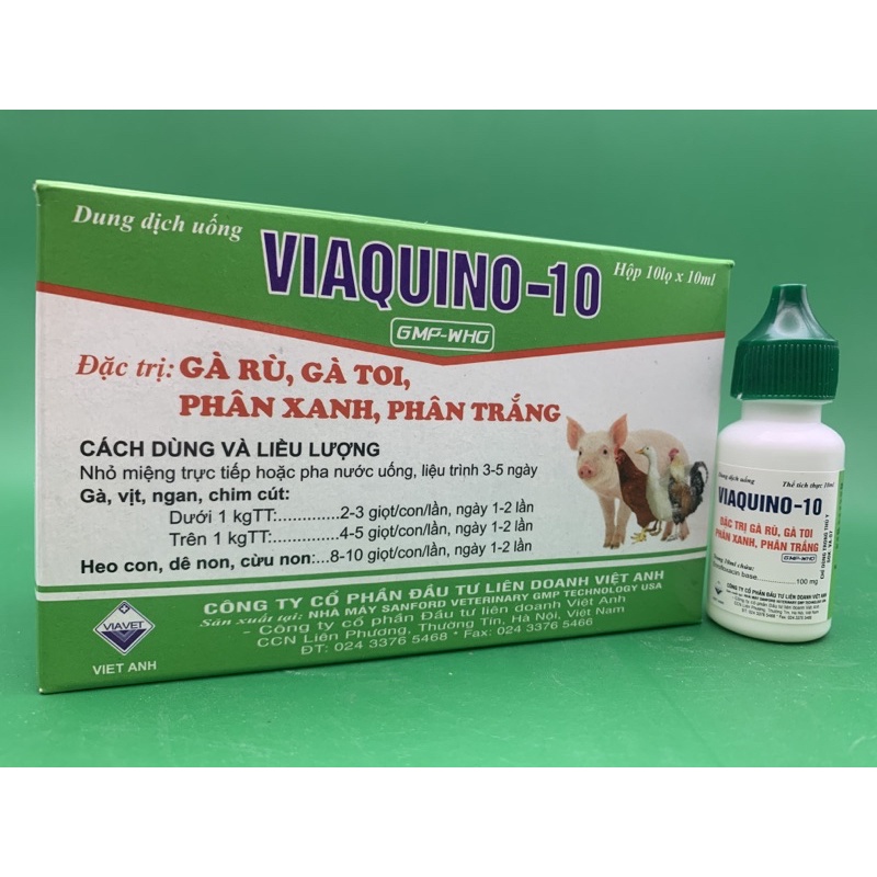 5 lọ 10ml VIAQUINO-10 - gà rù, gà toi, phân xanh, phân trắng - dùng tốt cho gà, vịt, ngan, chim cút, heo, cừu, dê non