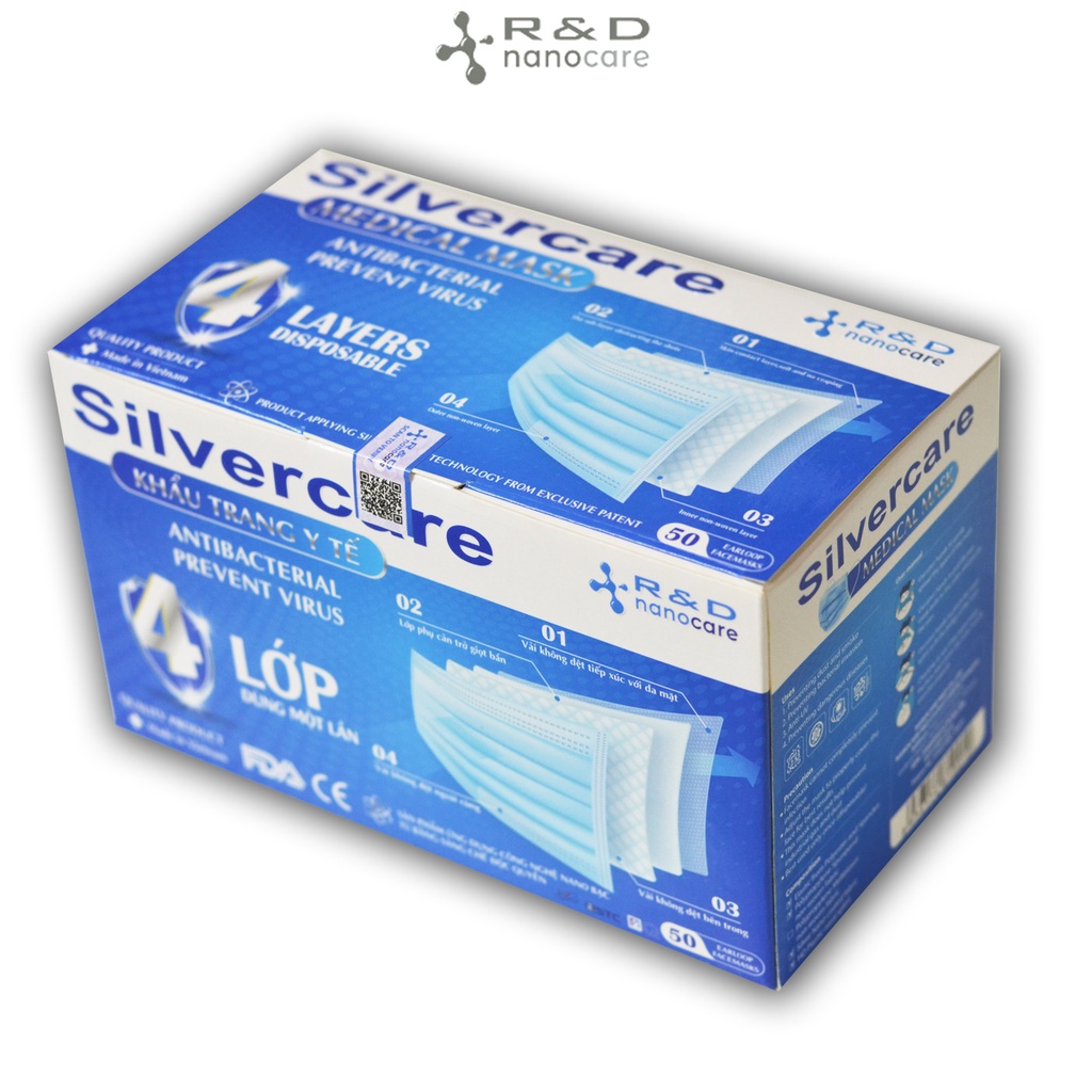 [HỘP-50 CÁI] Khẩu trang y tế kháng khuẩn 4 lớp SILVERCARE (Mầu xanh) - Hàng chính hãng Nanocare R&amp;D