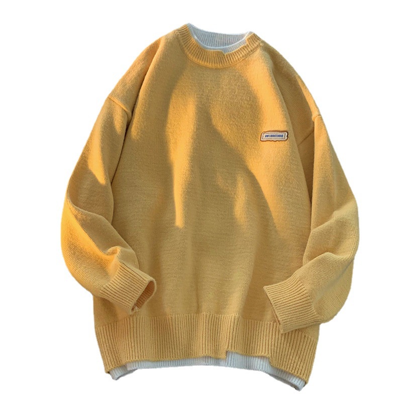 Áo Sweater Dệt Kim Cổ Tròn Giả Hai Lớp Màu Trơn Thời Trang Thu Đông Cho Nam