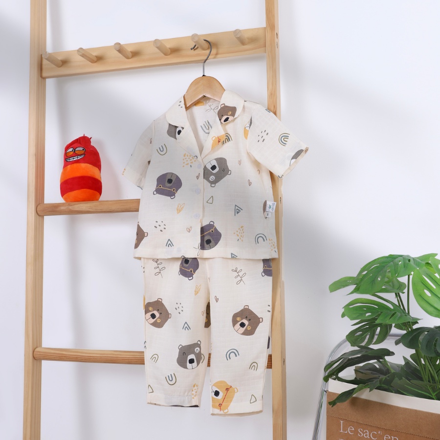 Pyjama bé trai bé gái tay ngắn quần dài vải xô tre Áo Lá Homewear XONT22, đồ bộ xô bé trai